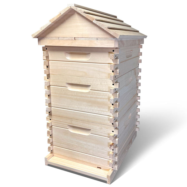 USA-Made Log Cabin Style Beehive: Sustainable White Pine, Interlocking Logs, Removable Frames, Traditional Charm & Modern Functionality! Includes 2 Deep Brood Boxes and 1 Medium Super Box.