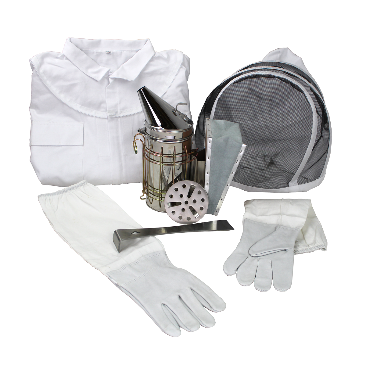 Accessories Package That Include Detachable Veil, Sting Resistant Suit, Leather Gloves, Curled Hive Tool, Oval Bee Escape, and Smoker