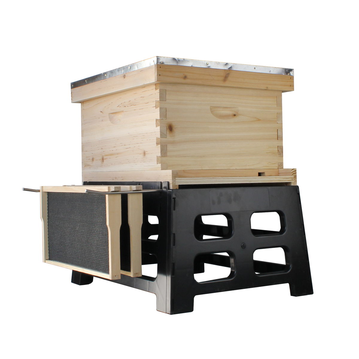 Black Plastic Hive Stand 12" Tall With 2 Metal Rods Coming Out The Side To Hold Beehive Frames On Top Is A 1 Deep Hive