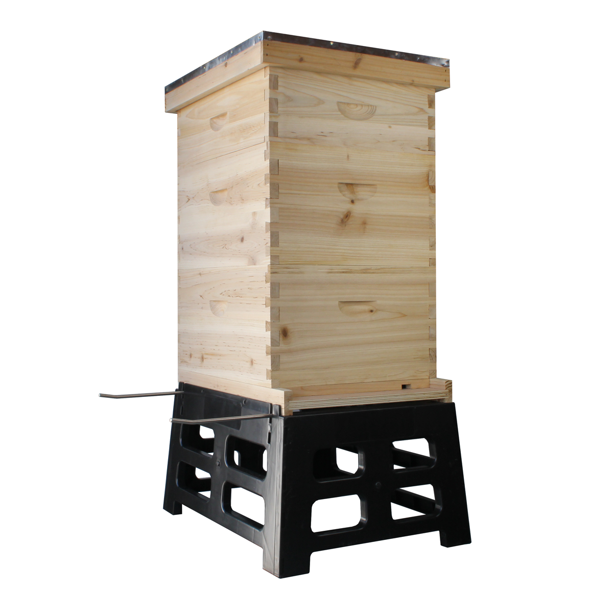 Black Plastic Hive Stand 12" Tall With 2 Metal Rods Coming Out The Side To Hold Beehive Frames On Top Is A 2 Deep 1 Medium