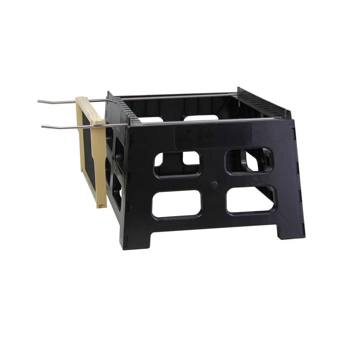 Black Plastic Hive Stand 12" Tall With 2 Metal Rods Coming Out The Side To Hold Beehive Frames