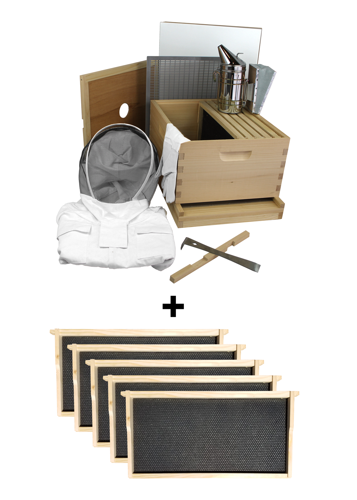 Busy Bees 'N' More Amish Made 10 Frame Beehive Starter Kit With 1 Deep Bee Box & Accessories Starter Kit With 5 More Frames
