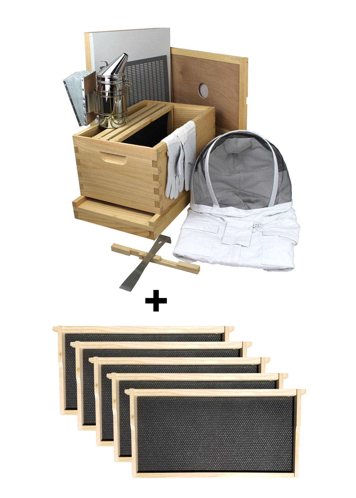 Busy Bees 'N' More Amish Made 8 Frame Beehive Starter Kit With 1 Deep Bee Box & Accessories Starter Kit With 5 More Frames